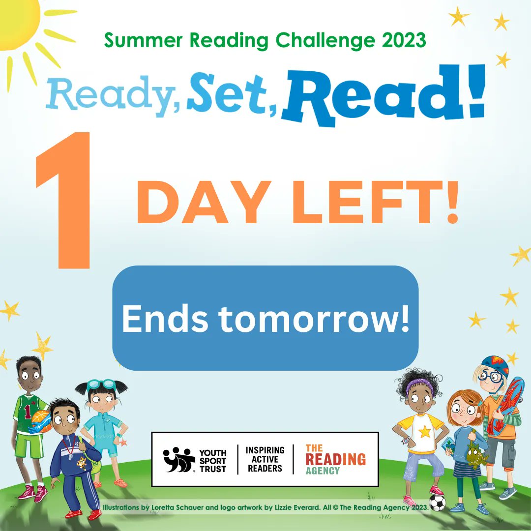 📢 The #SummerReadingChallenge ends tomorrow!  Make sure you visit the library today or tomorrow and tell us about those last few books! 📚🏅 
It's your last chance to complete the challenge and get the medal &amp; the certificate. Completers will also be entered into the prize draw!