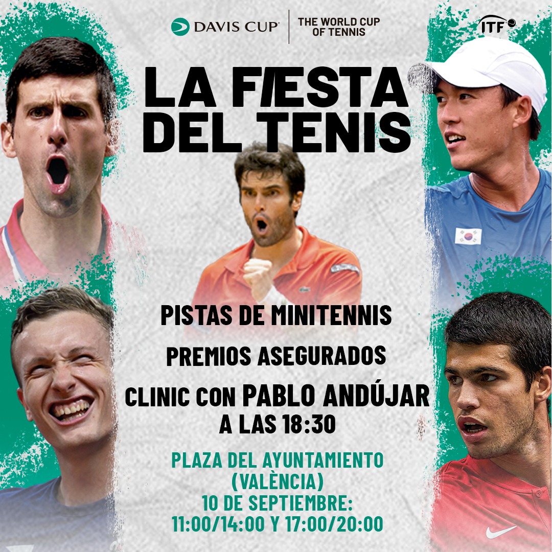 Ajuntament València (@ajuntamentvlc) on Twitter photo 🏆 El domingo llega la 'Fiesta del Tenis' de la <a href="/CopaDavis/">Copa Davis</a> a la 📍plaza del Ayuntamiento‼️
🎾 Ven a pelotear a las pistas de minitenis, divertirte con juegos que tienen premio asegurado, o participar en el Clinic con <a href="/AndujarPablo/">Pablo Andujar</a>.
⏰ De 11 a 14 h y de 17 a 20h.
🙌🏾 ¡Te esperamos! 🏆 El domingo llega la 'Fiesta del Tenis' de la <a href="/CopaDavis/">Copa Davis</a> a la 📍plaza del Ayuntamiento‼️
🎾 Ven a pelotear a las pistas de minitenis, divertirte con juegos que tienen premio asegurado, o participar en el Clinic con <a href="/AndujarPablo/">Pablo Andujar</a>.
⏰ De 11 a 14 h y de 17 a 20h.
🙌🏾 ¡Te esperamos!
