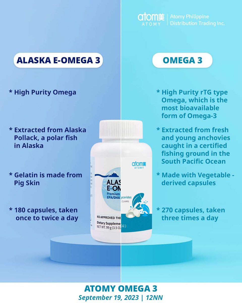 lilyqk's tweet image. Atomians!

Here's a comparison of Alaska E-Omega 3 and Atomy Omega 3. Both are quality products but Atomy Omega 3 is a plant based capsule!

#Atomy #atomyscotland  #absolutequality #absoluteprice #omega3 #hearthealth #healthtips
