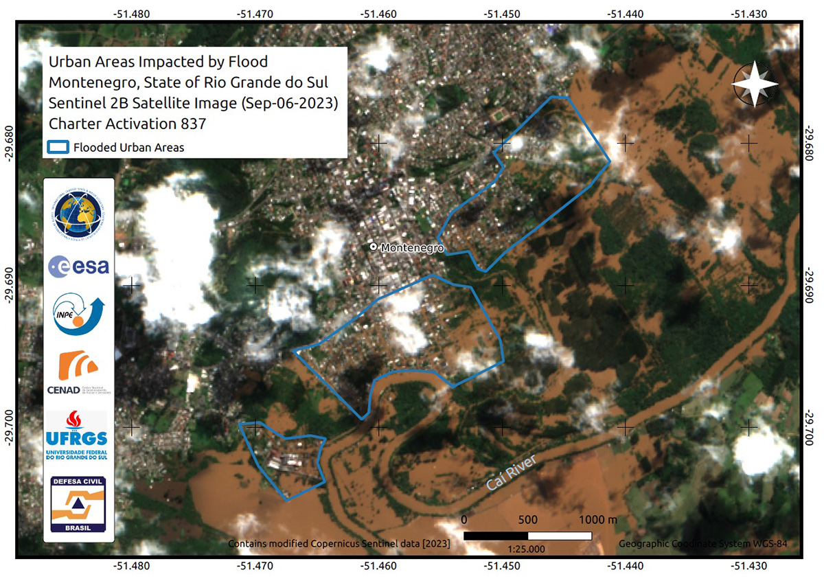 DisastersChart's tweet photo. Our first post-cyclone map of Brazil uses #Sentinel2 imagery to estimate flooded areas at Montenegro in Rio Grande do Sul as of Wednesday: https://t.co/00r4Jk22Rr https://t.co/arQHpJ9jdP