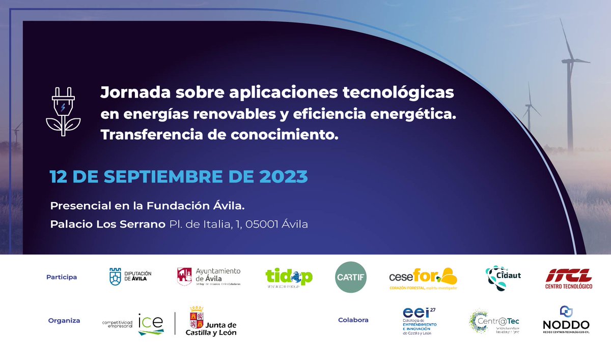 🗓 12 de #septiembre en @Fundacion_Avila Jornada sobre #Aplicaciones #tecnológicas en #energíasrenovables y #eficienciaenergética ➡️Agenda e inscripciones en noddo.es/jornada-sobre-…
