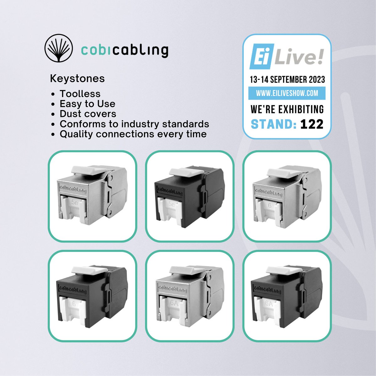 Dizzyfish's tweet photo. We are delighted to be exhibiting our range of CobiCabling products at the @EILiveShow, at Farnborough International Exhibition Centre (13th and 14th September). Come along and see them and us on #Stand122 #EILIVE #Cobicabling #Keystone #StructuredCabling https://t.co/qC9VuS8gCJ https://t.co/8RM8hYaNFu