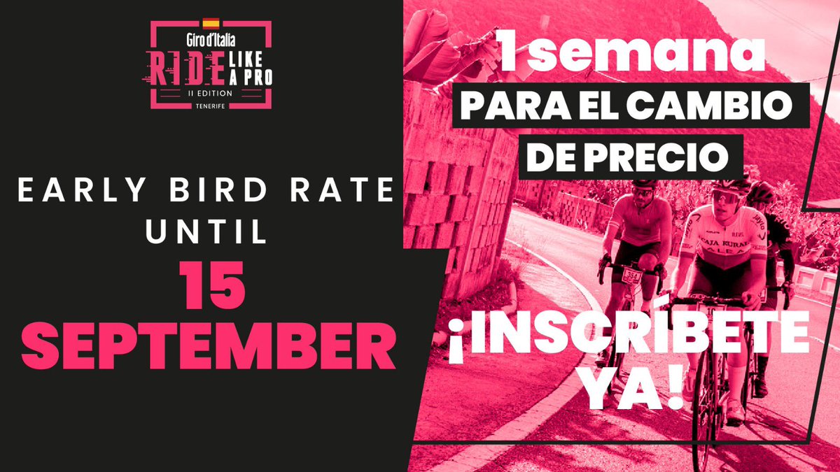 ¡𝟭 𝘀𝗲𝗺𝗮𝗻𝗮 𝗽𝗮𝗿𝗮 𝗲𝗹 𝗰𝗮𝗺𝗯𝗶𝗼 𝗱𝗲 𝗽𝗿𝗲𝗰𝗶𝗼!🤯
Estás a tiempo de conseguir tu inscripción con 𝘁𝗮𝗿𝗶𝗳𝗮 𝗘𝗔𝗥𝗟𝗬 𝗕𝗜𝗥𝗗 🤑.
👉🏼Podrás pedalear con <a href="/vincenzonibali/">Vincenzo Nibali</a> y <a href="/juanpelopez97/">Juanpe López</a> , ¡te esperamos!💕🚲
*Tarifa Early Bird hasta el 15 de septiembre a las 00h