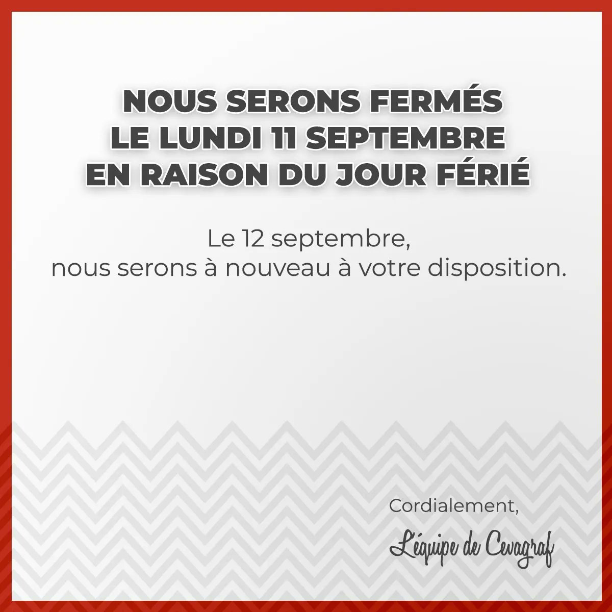 Cevagraf_fr's tweet photo. 🚨 Communication : 

Nous serons fermés le lundi 11 septembre en raison du jour férié

Le 12 septembre, nous serons à nouveau à votre disposition. 

#cevagraf #imprimerie #imprimeur #impression #imprimerieespagne https://t.co/ExF8IarfgZ