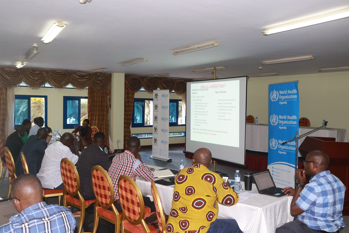 WHOUganda's tweet image. Recently, @WHOUganda, &amp;amp; @MinofHealthUG concluded a two-day training &amp;amp; planning workshop for 119 frontline health managers from 24 districts bordering DRC that are at a risk of transmission of #Ebola Zaire in case it occurs.