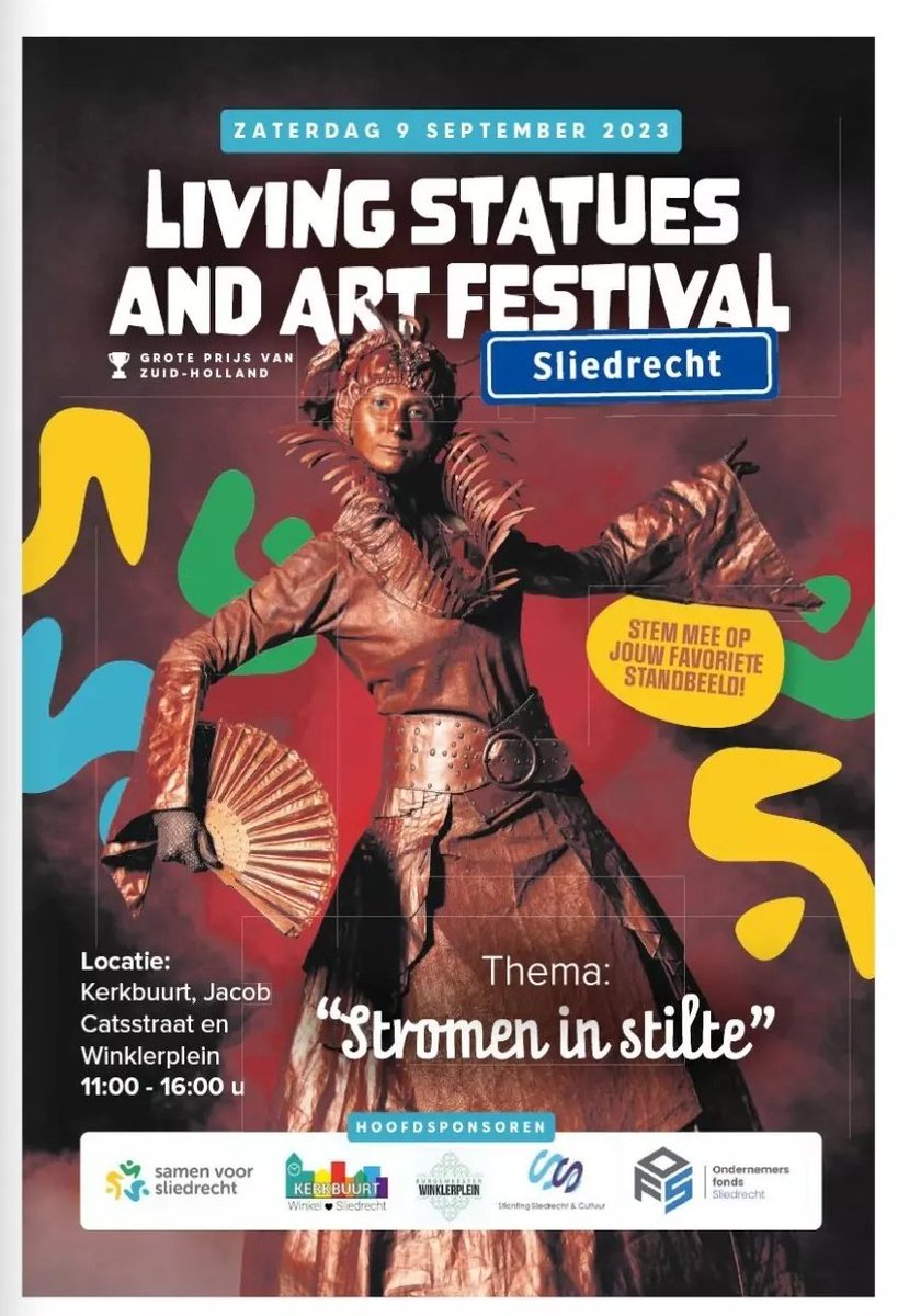 Programma zaterdag 9 september evenement 'Living Statues and Art Festival' in Sliedrecht op Kerkbuurt, Burg. Winklerplein en Jacob Catsstraat:

09.00 - 17.00 uur braderie
11.00 - 16.00 uur levende standbeelden
11.00 - 16.00 uur straattheater
11.30 - 14.15 uur orkesten Crescendo.