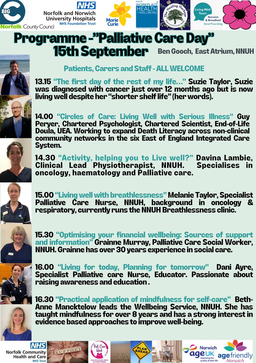 FREE EVENT -15th September "Celebrating Palliative care Day" 1pm -5pm, <a href="/NNUH/">Norfolk and Norwich University Hospitals</a> , Ben Gooch, East block. Patients, Carers, Health professionals - ALL WELCOME.  See the programme and poster below...<a href="/mariecurieuk/">Marie Curie</a> <a href="/MarieCurieEastE/">Marie Curie East of England</a> <a href="/NCHC_NHS/">NCH&C</a>  <a href="/guy_per/">Guy Peryer</a> <a href="/age_uk/">Age UK</a> @AgeUKNorwich <a href="/bigctweets/">Big C Cancer Charity</a>