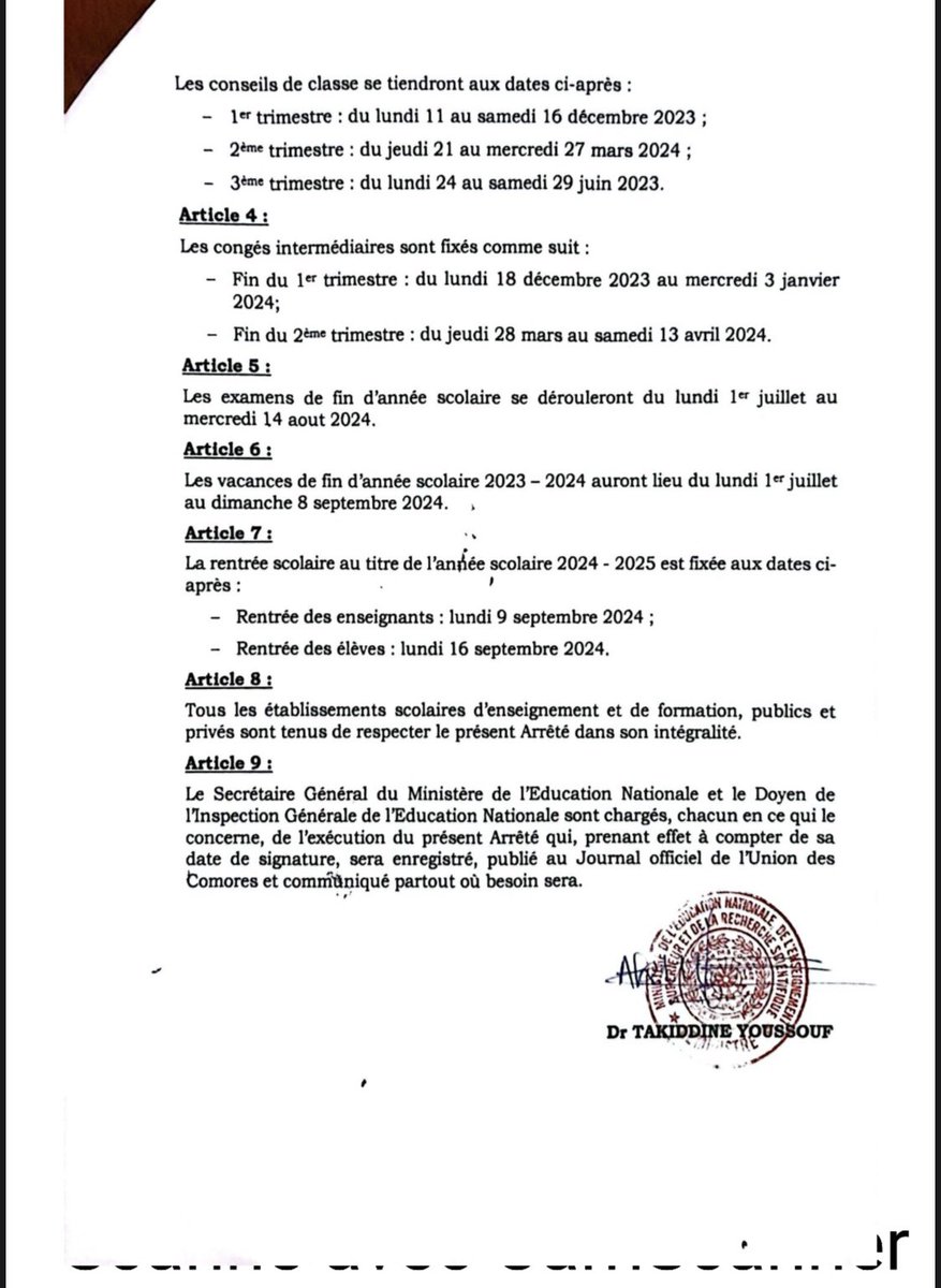 Le calendrier de l’année scolaire 2023-2024 aux Comores