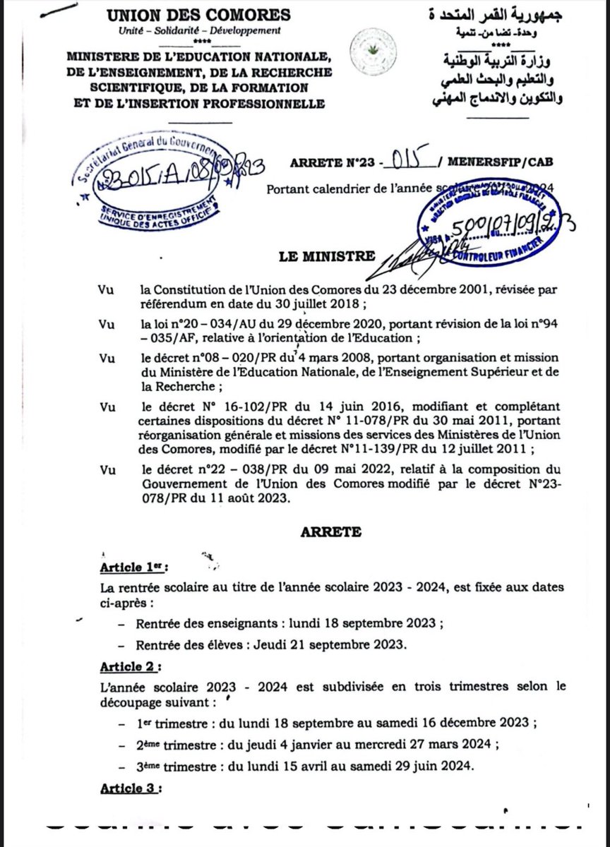 ORTC_Officiel's tweet photo. Le calendrier de l’année scolaire 2023-2024 aux Comores https://t.co/oOmeYmJLg5
