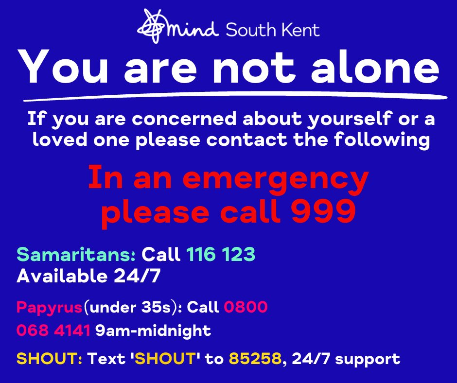 SouthKentMind's tweet photo. This Sunday is #WorldSuicidePreventionDay. Many of us struggle with difficult thoughts and feelings. Sometimes these feelings can be overwhelming and you may have thoughts about self-harm or suicide.
👉You are not alone 👈 #WSPD 1/3 https://t.co/BSua7J9vKB