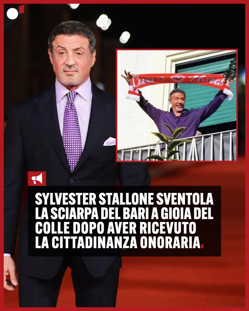 Benvenuti nella serie ‘cose che non avresti mai pensato di vedere’.

Oggi ci troviamo a Gioia Del Colle, in Puglia, dove Sylvester Stallone (alias Rocky Balboa) ha ricevuto la cittadinanza onoraria e per festeggiare si è affacciato ad un balcone con la sciarpa del Bari.

#Bari