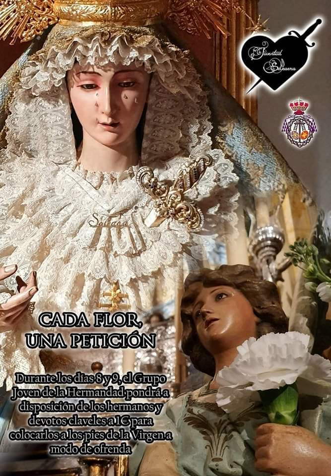 GJSoledadBenaca's tweet photo. Desde este momento, un año más, este Grupo Joven pone a disposición de los hermanos y devotos de Nuestra Madre de la Soledad claveles a 1€ para depositarlos a sus plantas a modo de ofrenda.

Por Ti florece septiembre igual que la primavera 

#SeptiembredelaSoledad https://t.co/NpmTZbGLD0