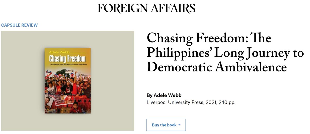 DelDemUCan's tweet photo. The roots of democratic ambivalence in the Philippines are not in an immature political culture but in the legacies of colonisation by the United States. 

Our very own @adelehwebb's book #ChasingFreedom was featured in #ForeignAffairs capsule review.

https://t.co/ViWrGMap7S https://t.co/mhUXr3yQk5