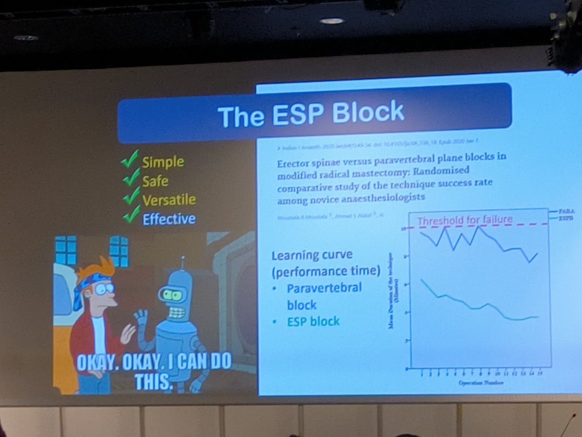 tsmurali's tweet photo. Pro-con debate at #ESRAworld2023
@KiJinnChin #ESPB Vs Dr Manoj Karmakar #PVB
๐ฅLA spreads to deeper planes - #DRG
โ๏ธ cutaneous sensory loss โ with meaningful Analgesia
โก fractional dose of LA - differential blockade
โญ #ESPB is good enough - in amateur hands too @IJA_web https://t.co/s9A6r4lj2u