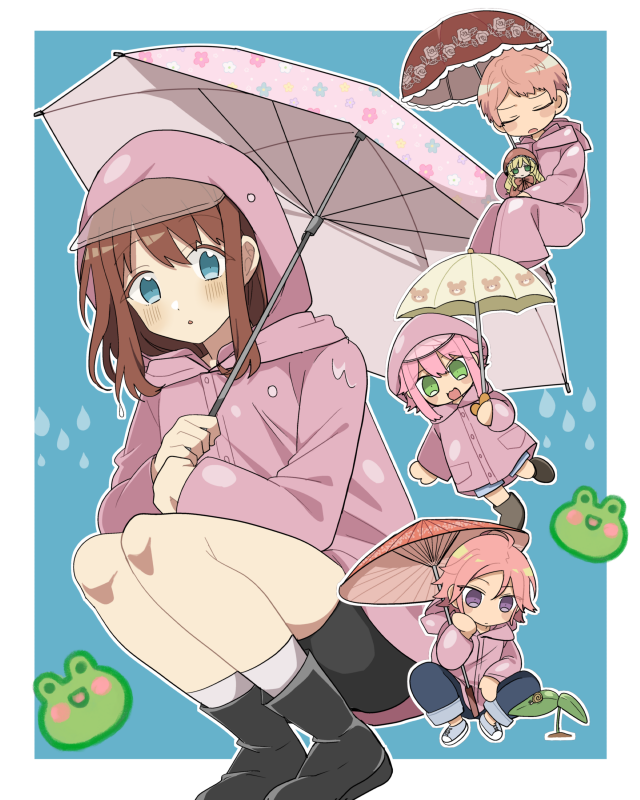 umbrella raincoat brown hair squatting hood pink hair boots  illustration images
