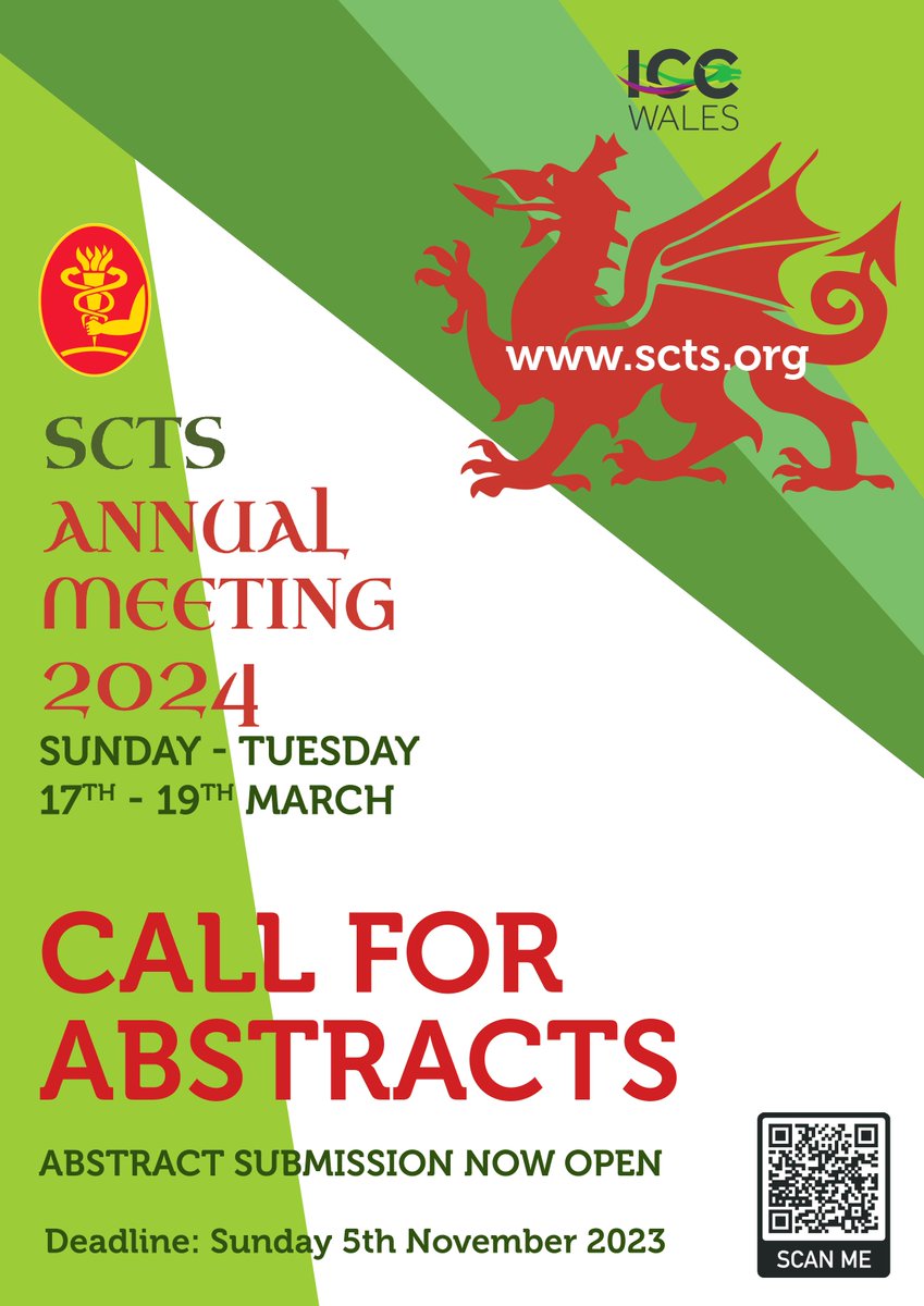 The #SCTS Annual Meeting 2024 takes place 17-19 March at the @ICCWales 🐉 #Abstract Submission is now open. The deadline is 23:59 on 5th November 2023. Click below or scan QR code to begin your submission, where you will also find Instructions for Authors. scts.org/upcoming_meeti…