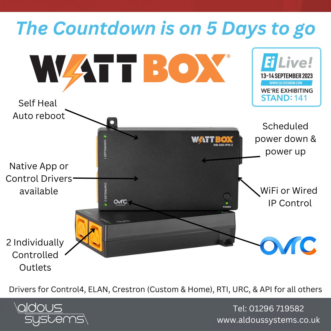 aldoussystems's tweet photo. Wattbox delivers power control for Elan, Control4, Crestron, RTI, URC and more, with 2,6,8 or 12 outlet options.
Self heal auto reboot helps fix problems before you or your client are even aware and is especially useful if remote access is not available.
#eiliveshow #wattbox https://t.co/mlCT1TSEoX