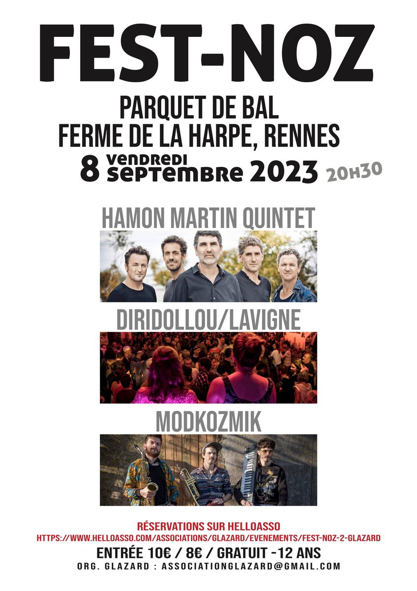 FEST-NOZ

📆 08/09/2023
⏰ 8e30 g.m. / 20h30

🎟 10€, 8€, digoust / gratuit -12 ans
helloasso.com/associations/g…

📍 Parquet De Bal, Roazhon / Rennes

🎶 #HamonMartinQuintet #Modkozmik #DiridollouLavigne

#festnoz #rennes #roazhon #rene
