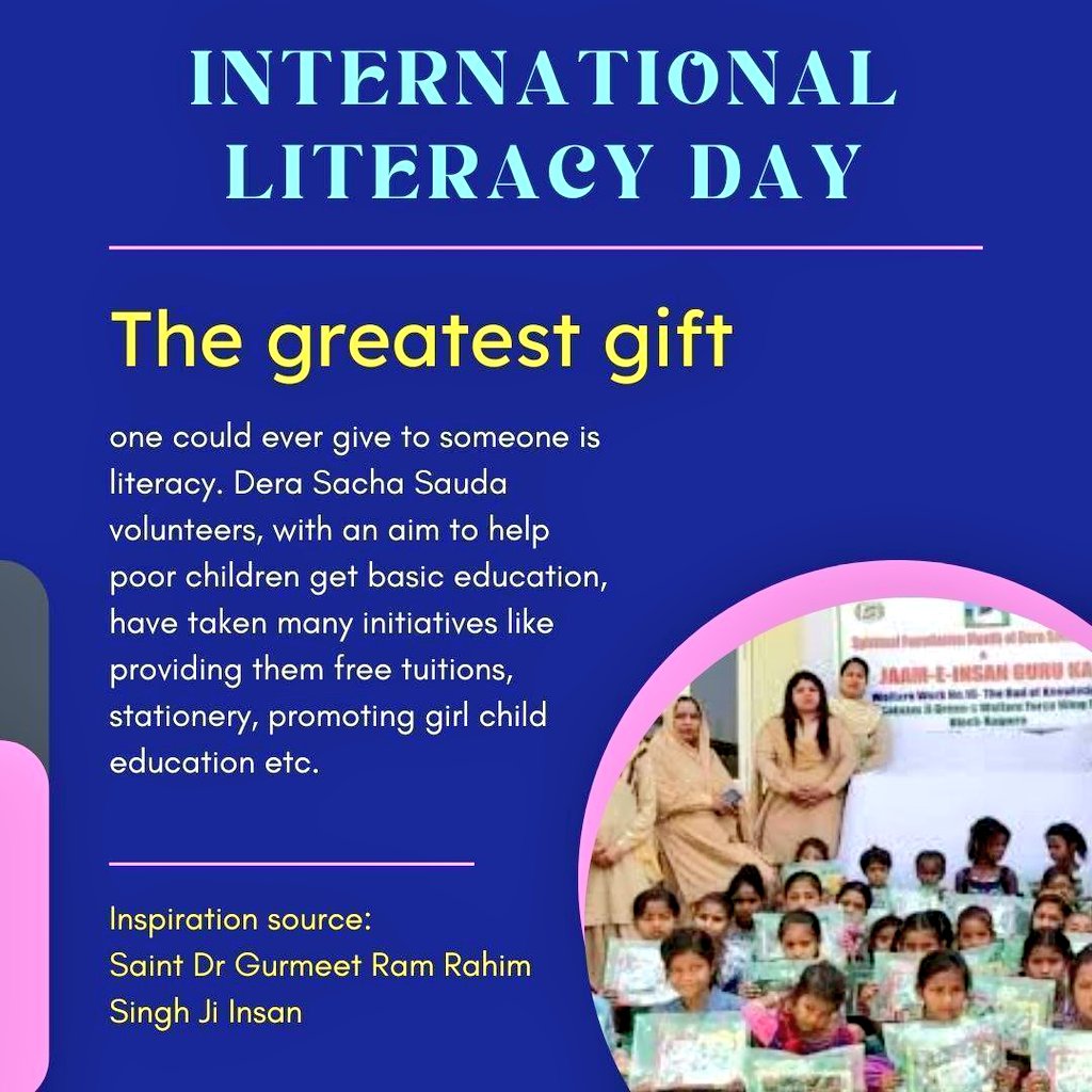 Let the purpose of this International Literacy Day come true. #worldliteracyday
Try to ensure that no child remains uneducated. Followers of Dera Sacha Sauda arrange for the education of needy children as per the sayings of Saint MSG Insan.
#InternationalLiteracyDay