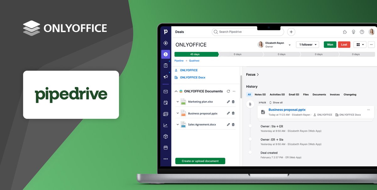 only_office's tweet image. 👋#Pipedrive users, have you already tried editing and collaboration in @pipedrive with #ONLYOFFICE Docs?
🔸 Docs, slides, sheets, and forms
🔸 Real-time co-editing
🔸 Max compatibility with MS formats
🔸 Pro editing and formatting tools
Learn more: bit.ly/3YDSqhE