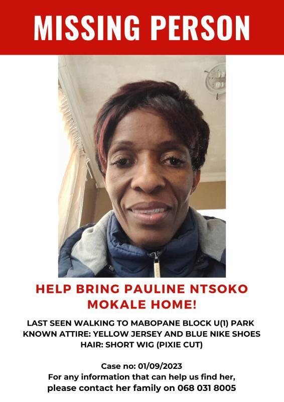 Please RT and help us to bring Pauline Ntsoko Mokale home. She was last seen in Pretoria on 1 September 2023. #MissingPerson