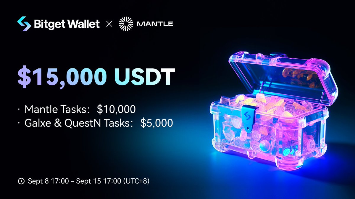 🩵x🖤 #BitgetWallet and @0xMantle $15,000 USDT #MantleJourney ON 🪂 Participate in the #Mantle Task and share a pool of $10,000 USDT 💰 Complete the #Galxe or #QuestN tasks and share a pool of $5,000 USDT 1️⃣ Galxe: bit.ly/3RewKXB 2️⃣ QuestN: bit.ly/45J8tNH 👉…