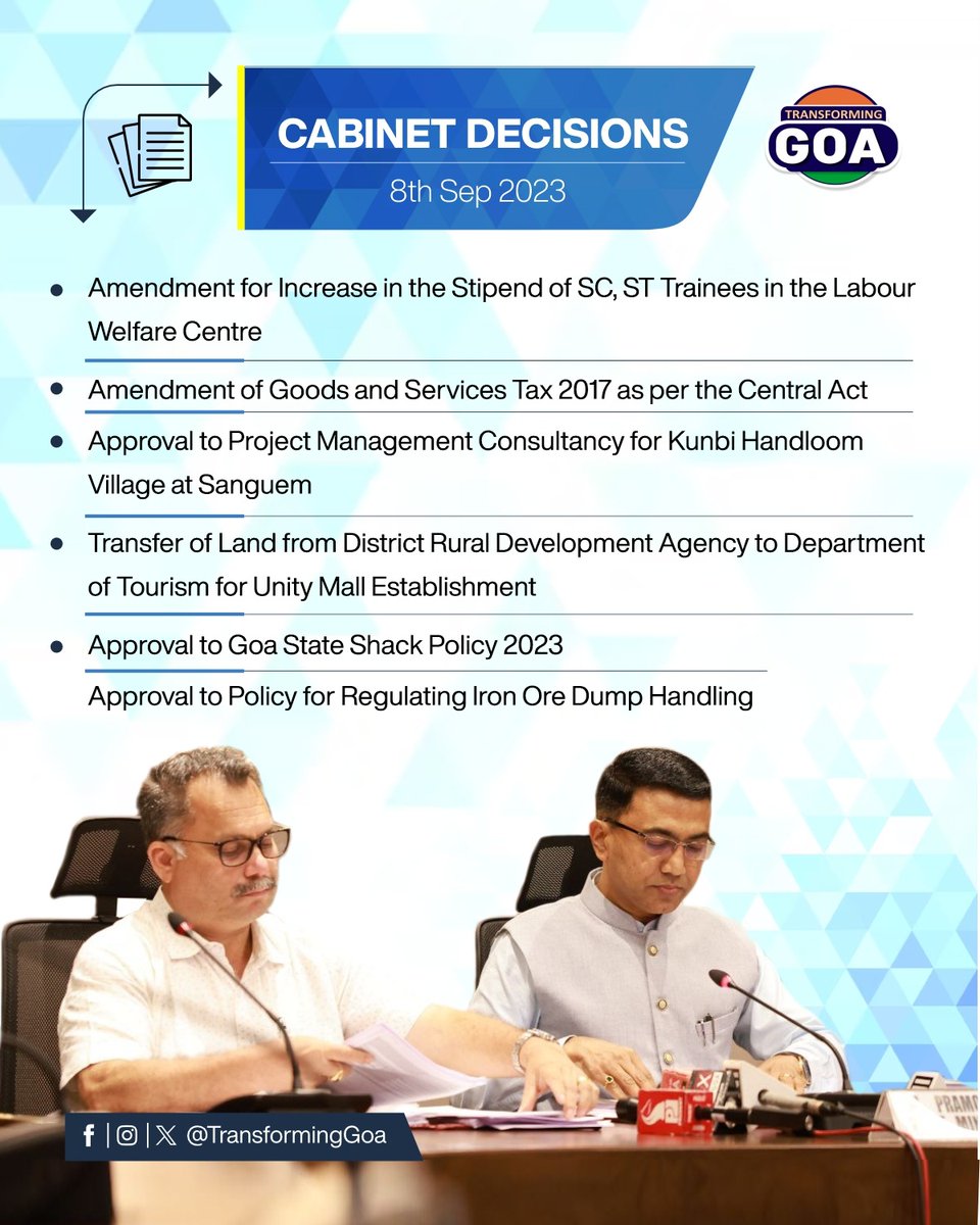 TransformingGoa's tweet photo. CABINET DECISIONS; 8th Sept 2023

#goa #GoaGovernment #TransformingGoa #facebookpost #bjym #bjymgoa #CabinetDecision #cabinet #Stipend #scheduletribe #ScheduleCaste #shackpolicy #ironoredumphandling https://t.co/edMCrV8bmQ