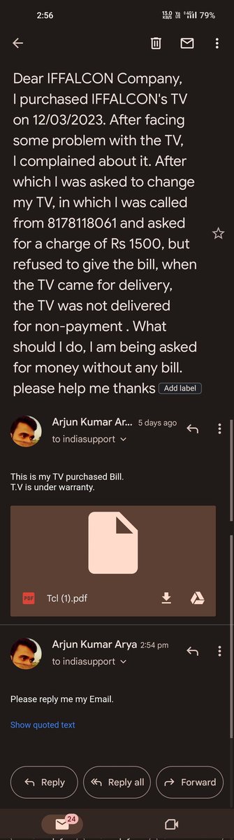 Arjunkumararya9's tweet photo. @iFFALCONIndia My TV is under warranty but you not provided service. https://t.co/ElfHSkZJRr