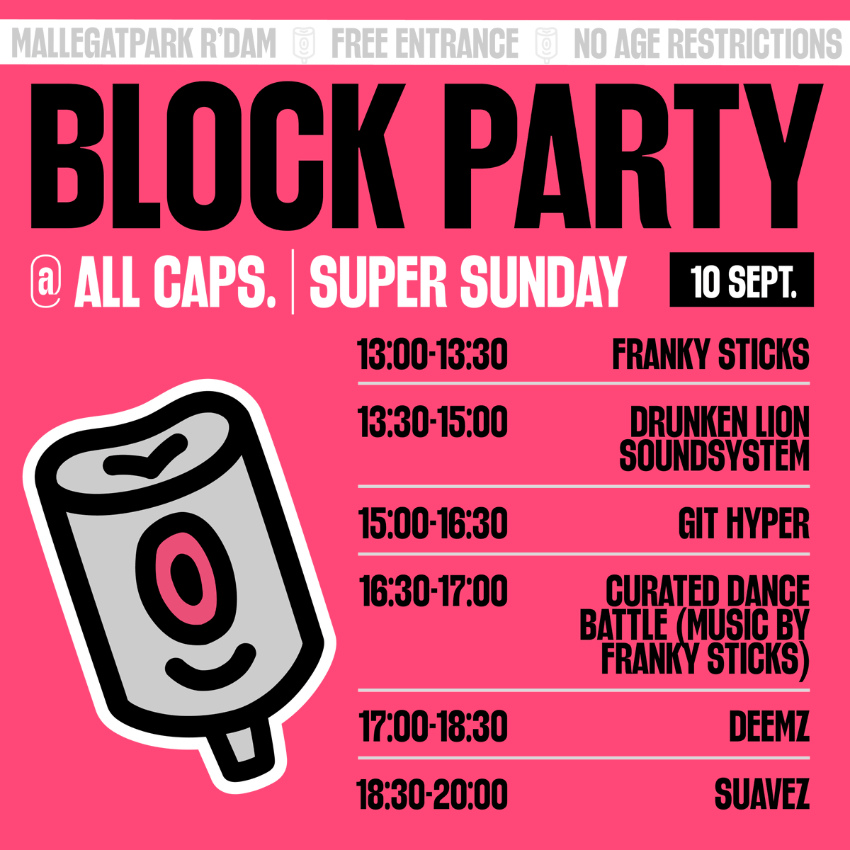 Aanstaande zondag viert ALL CAPS de finaledag in het Mallegatpark met een heuse blockparty! Check nu wie er wanneer komt draaien: all-caps.nl/news/all-caps-…