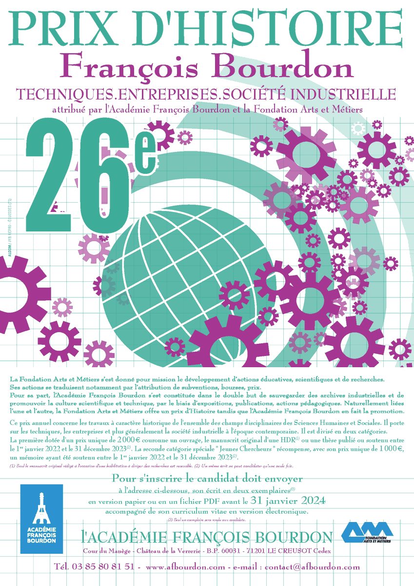 Appel à candidature pour le 26ème Prix d’histoire François Bourdon. Ce prix concerne les travaux à caractère historique de l'ensemble des champs disciplinaires des Sciences Humaines et Sociales.  Plus d'infos : afbourdon.com/soutien-a-la-r…