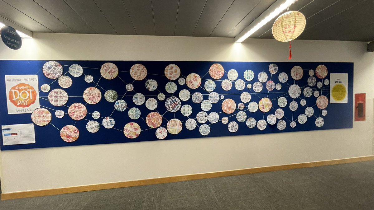 Make your mark; see where it takes you! Our G3 collaborative display for International dot day. G3 Ss are exploring the elements of art: line, shape & space. They printed their unique patterns by designing their custom stamps. #printmaking #internationaldotday #saisrocks