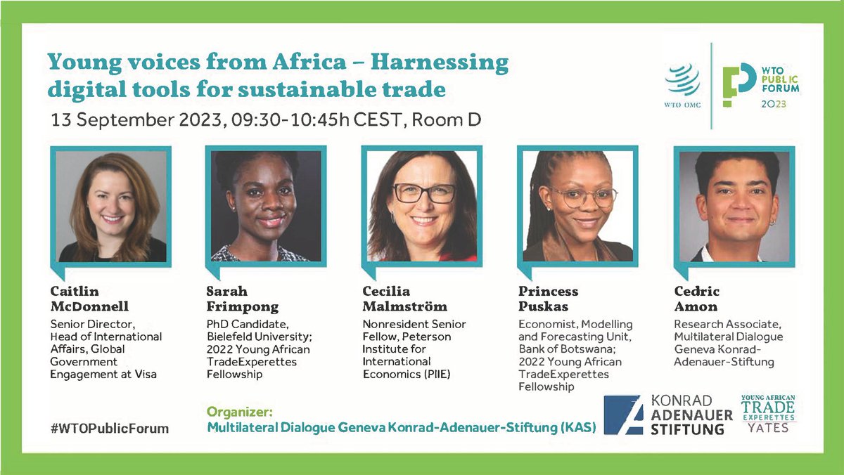 KasGeneva's tweet photo. What do #MobileTechnologies &amp; #InformalSector have in common? Find out thanks to our fantastic speakers at the #WTOPublicForum: Caitlin McDonnell, Cecilia Malmström [@MalmstromEU], Sarah Frimpong [@MssFrimpong] and Princess Puskas. Meet us on 13 September, 9:30 CEST, Room D @wto! https://t.co/X4LNFB5rSk