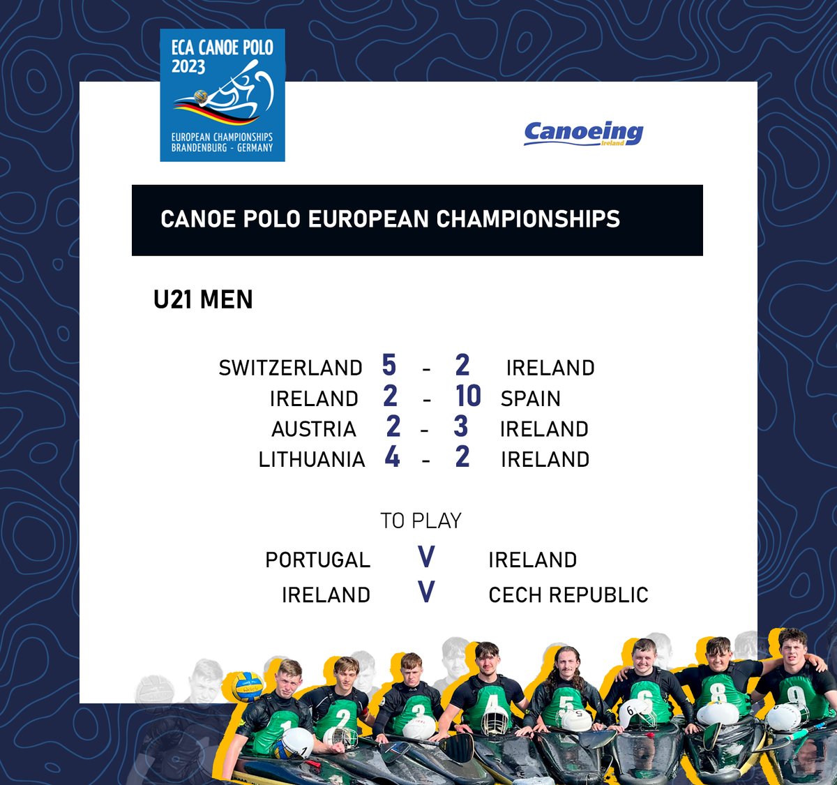 CanoeingIreland's tweet photo. Some close games and hard battles for our U21 Mens Canoe Polo Team currently competing at the 2023 Canoe Polo European Championships 📷 Our team of 8 players have 2 more games to play today in the group stages. Facing Portugal at 12:10, and the Czech Republic at 14:35 📷 https://t.co/ji7kVBfvkj