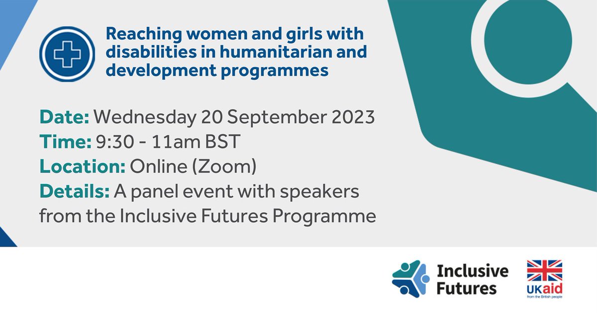 Missed us at #WD2023? Join #InclusiveFutures expert panel about what works and what doesn’t in including women and girls with disabilities in development programs 👏
🔗 Register here to attend the virtual panel on 20 September, 9:30 - 11am BST: myt-uk.zoom.us/webinar/regist…
 @LMulombi