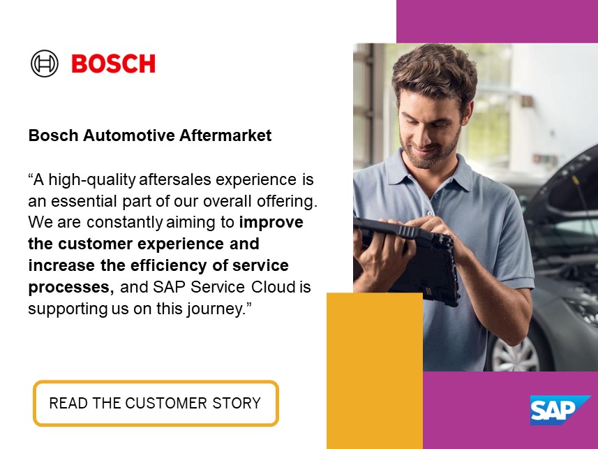 MStocker3's tweet image. Bosch Automotive Aftermarket stands for high-quality diagnostic tools, repair equipment, and spare parts worldwide. Committed to providing exceptional service, they have revolutionized their processes with #SAPServiceCloud. Discover more about their game-changing processes now.