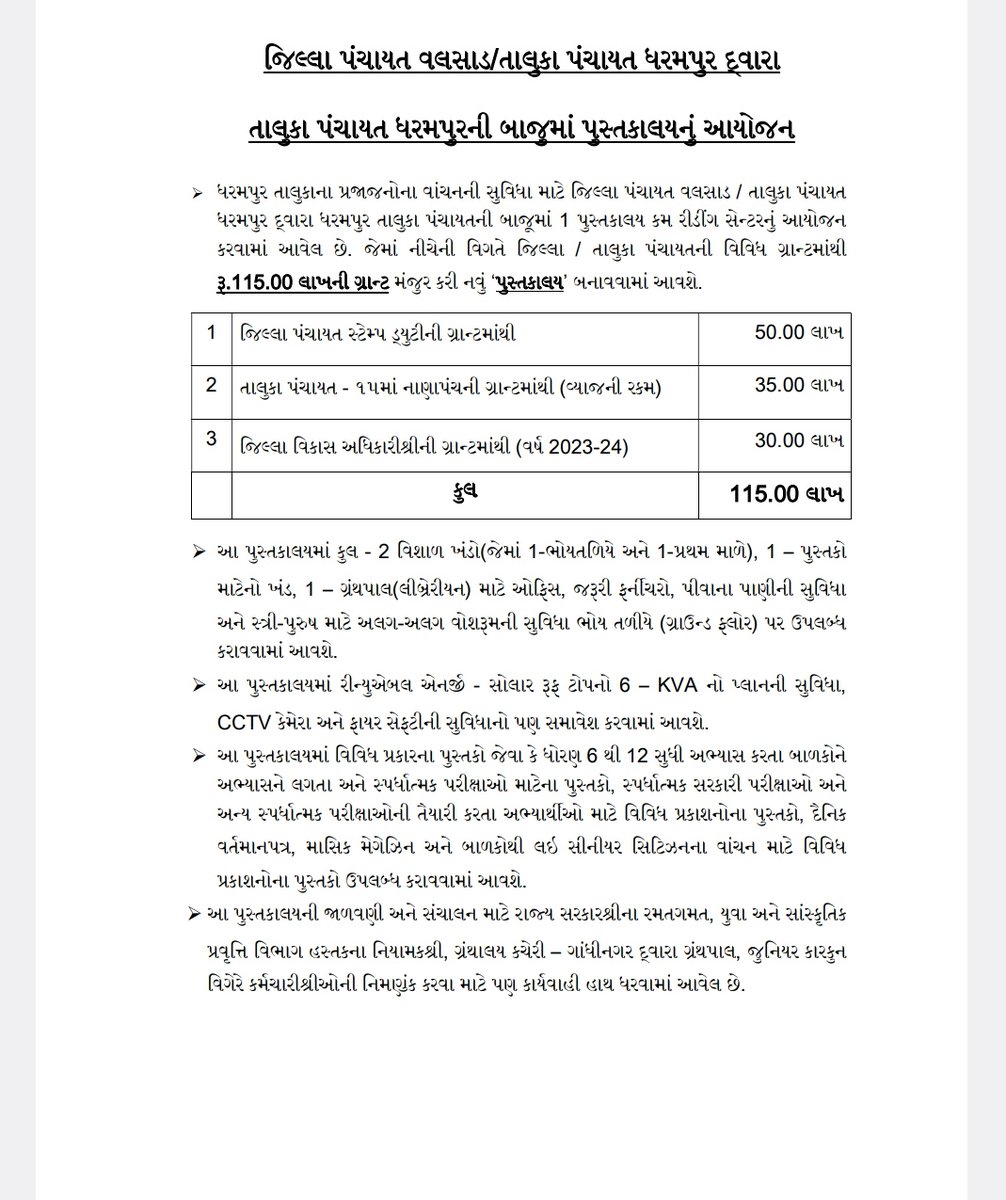 After Kaprada and Valsad, 
A Library cum Reading Centre at a cost of 1.15 crore has been planned at Dharampur. 
This G+1 building with solar rooftop will have seating capacity of more than 100. District/Taluka Panchayat's funds and DDO grant will be used for this.
<a href="/skumar_76/">Sandeep Kumar</a>