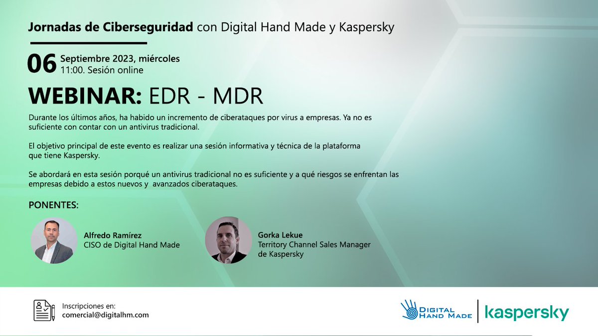 ¡𝗠𝗶𝗿𝗮 𝗲𝗹 𝘄𝗲𝗯𝗶𝗻𝗮𝗿 𝗲𝗻 𝗱𝗶𝗳𝗲𝗿𝗶𝗱𝗼! Si te quedaste con las ganas de saber como el EDR y MDR de <a href="/kaspersky/">Kaspersky</a> te puede ayudar en tu plan de #ciberseguridad, aún tienes la oportunidad de ver la grabación en: lnkd.in/dgyatwK6