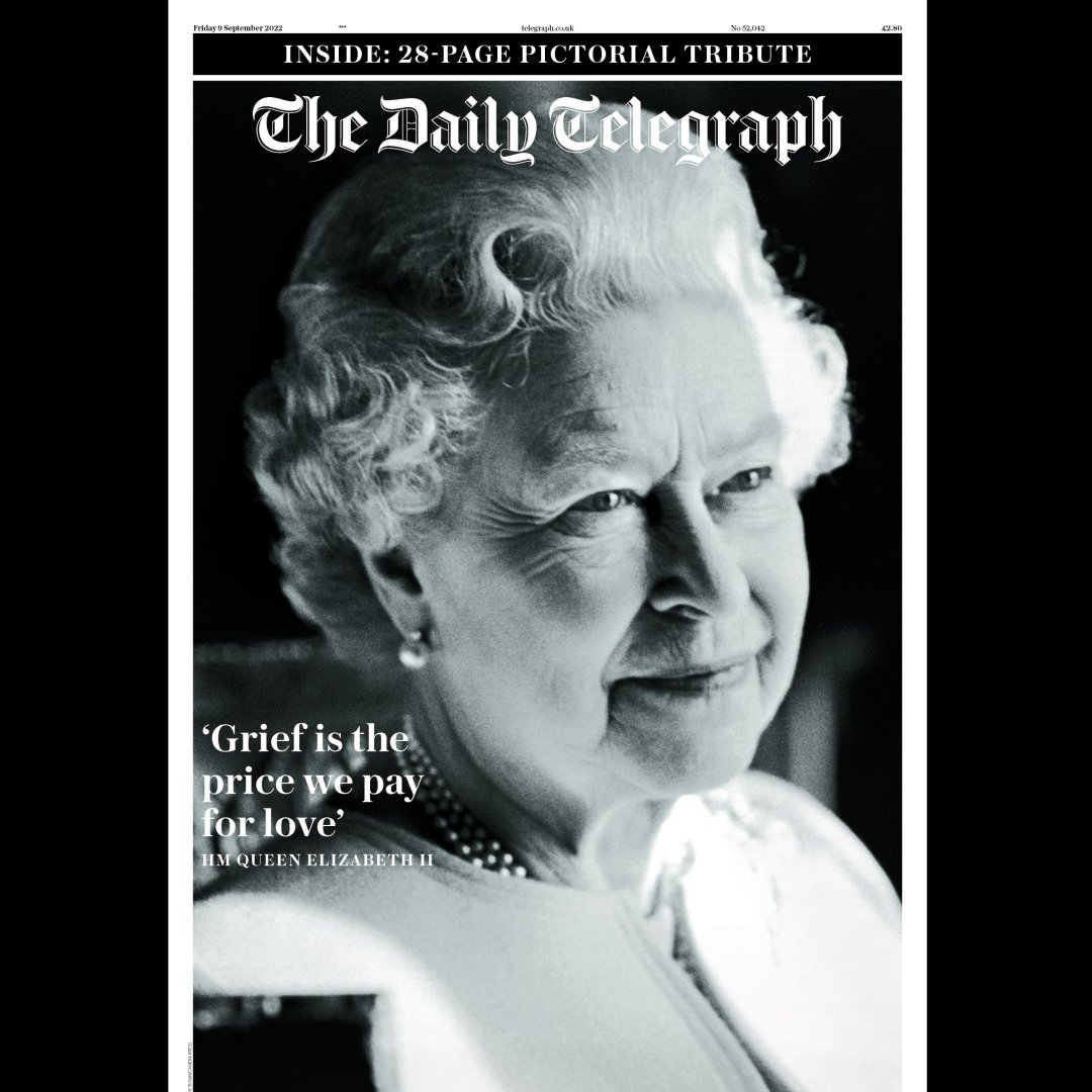 TelegraphRoyals's tweet image. &apos;Grief is the price we pay for love&apos;⁠
⁠
The Front Page of The Daily Telegraph following the death of HM Queen Elizabeth II⁠ - 21st April 1926 - 8th September 2022⁠

Read more on our live blog: telegraph.co.uk/royal-family/2…