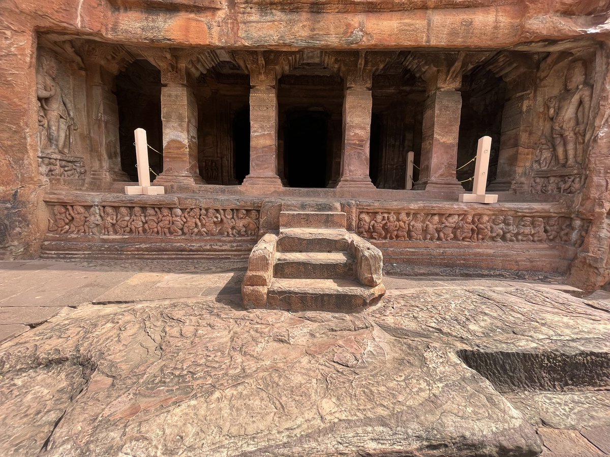 kushanmitra's tweet photo. At the Badami Cave Temples. Can you imagine artisans and craftsmen from the Chalukya Dynasty carved into solid mountains to create all this 1500 years ago. Boggles the mind. #KushanDrives https://t.co/r2pIYTwpLA
