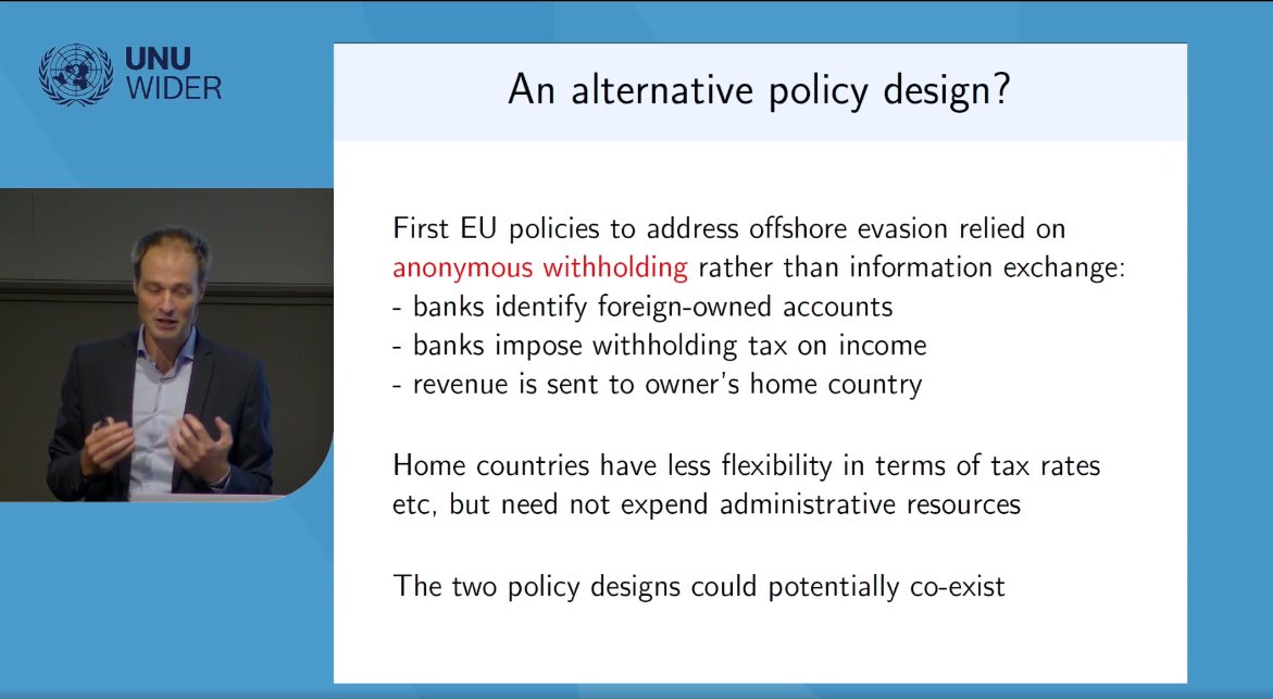 UNUWIDER's tweet image. Niels Johannesen shares an alternative policy design based on combining the information exchange idea with policies used in the EU. He suggests a flexible policy that can be mindful of the limited resources of developing country tax authorities is essential. #Rev4Dev