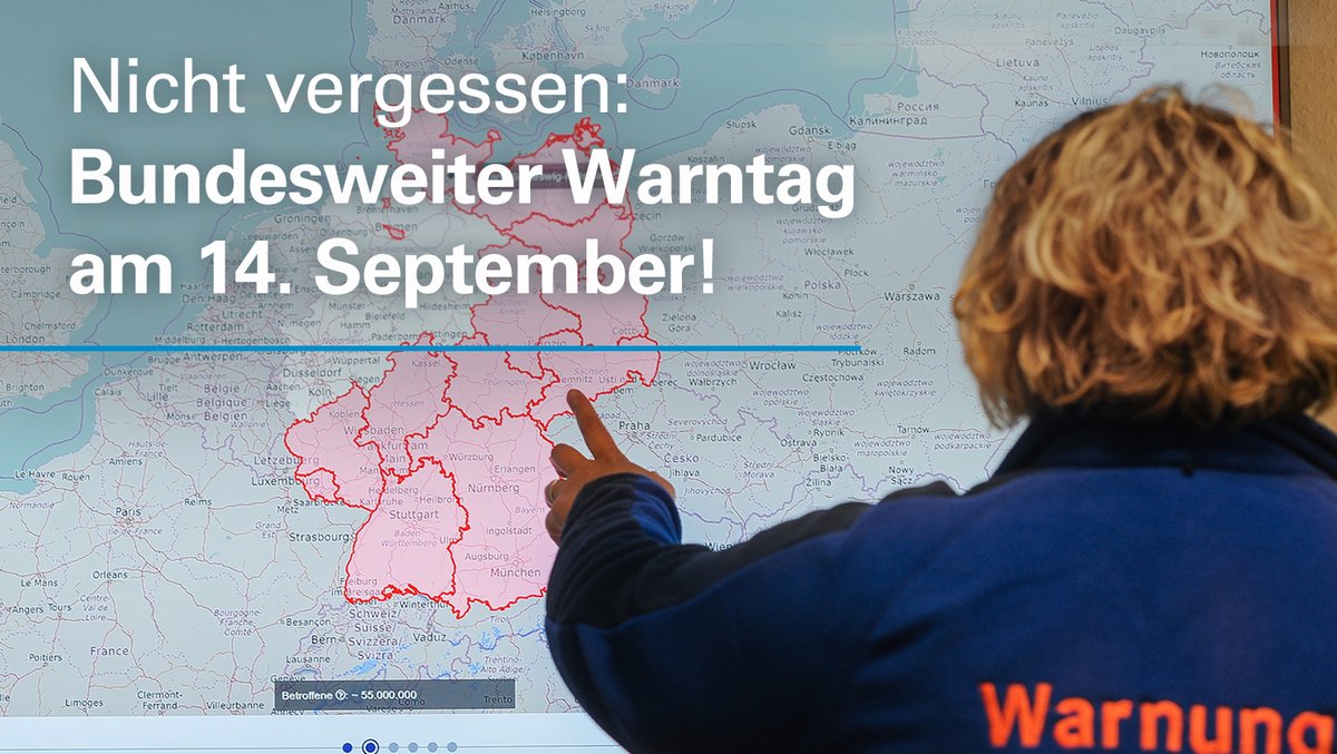 REMINDER: Bundesweiter #Warntag am 14. September

Nicht vergessen: In knapp 1️⃣ Woche ist Warntag!

Alles Wissenswerte rund um den #Aktionstag gibt's auch in den Sprachen: Englisch, Französisch, Ukrainisch, Russisch, Arabisch. @BBK_bund

⁣➡️Zum Download: t1p.de/lxxrm