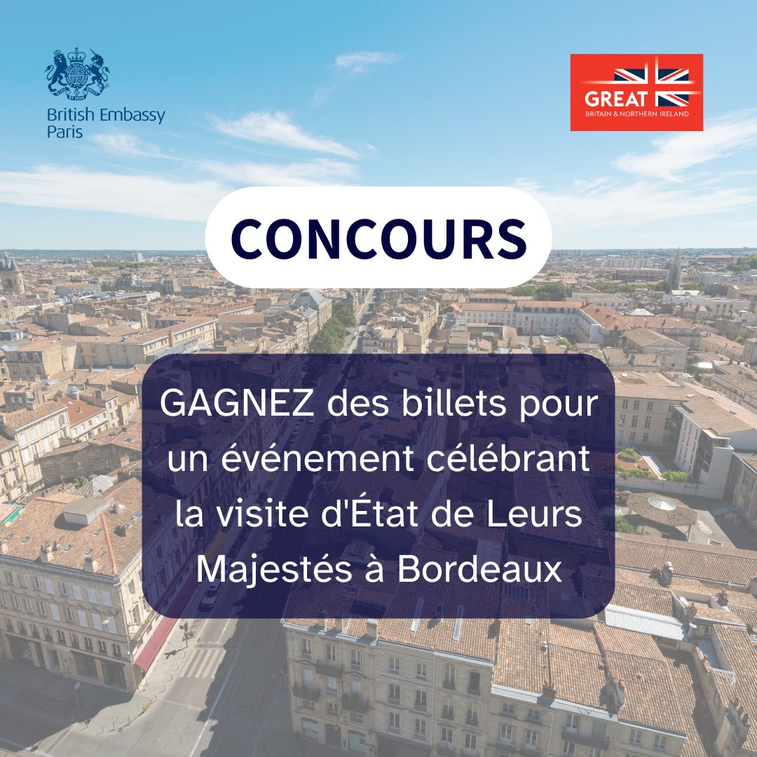 👑 Concours ouvert : Gagnez des billets pour un événement spécial à Bordeaux célébrant l’amitié franco-britannique et la visite d’État de Leur Majesté en France.

📅 Vendredi, 22 septembre

Postulez avant 12h ce mercredi 13 septembre ➡️ docs.google.com/forms/d/e/1FAI…
