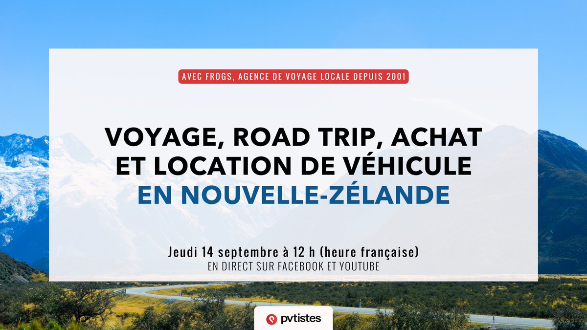 pvtistes's tweet photo. 🚙 Des questions sur le #voyage, les #roadtrips ou l'achat et la location de véhicules en #NouvelleZélande ?
✅ RDV aujourd'hui à 12 h (heure 🇫🇷) pour une session d'information avec @FrogsinNZ !
ℹ En direct sur YouTube (https://t.co/TjQ05JjcfR)
#pvt #pvtnz #whvnz #whv #pvtistes https://t.co/3LfQnqvBCl