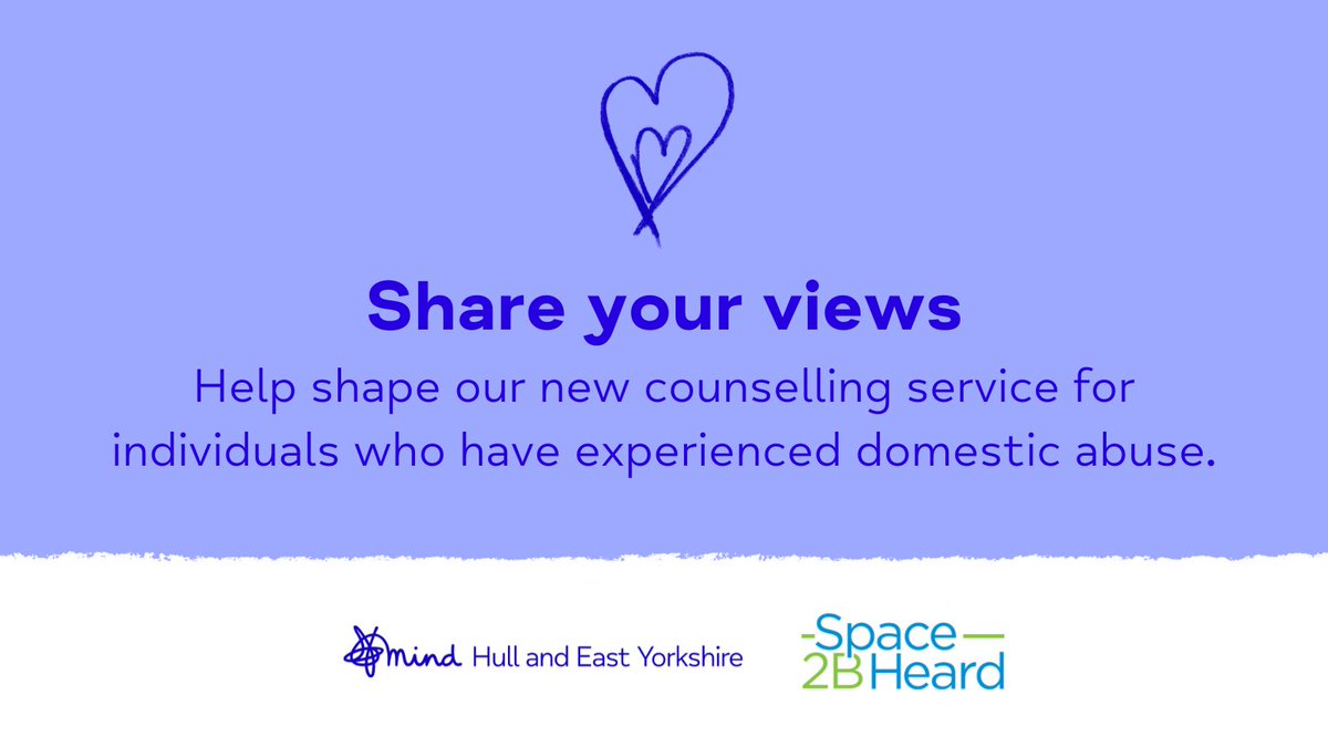 MindHEY's tweet photo. We know domestic abuse can have a profound impact on our mental health, that's why we're working with @Space2H to launch a new counselling service in January 2024.

If you have experienced domestic abuse, please share your thoughts. Complete our survey > https://t.co/wVyebhG3Se https://t.co/xY9OgYyNjA