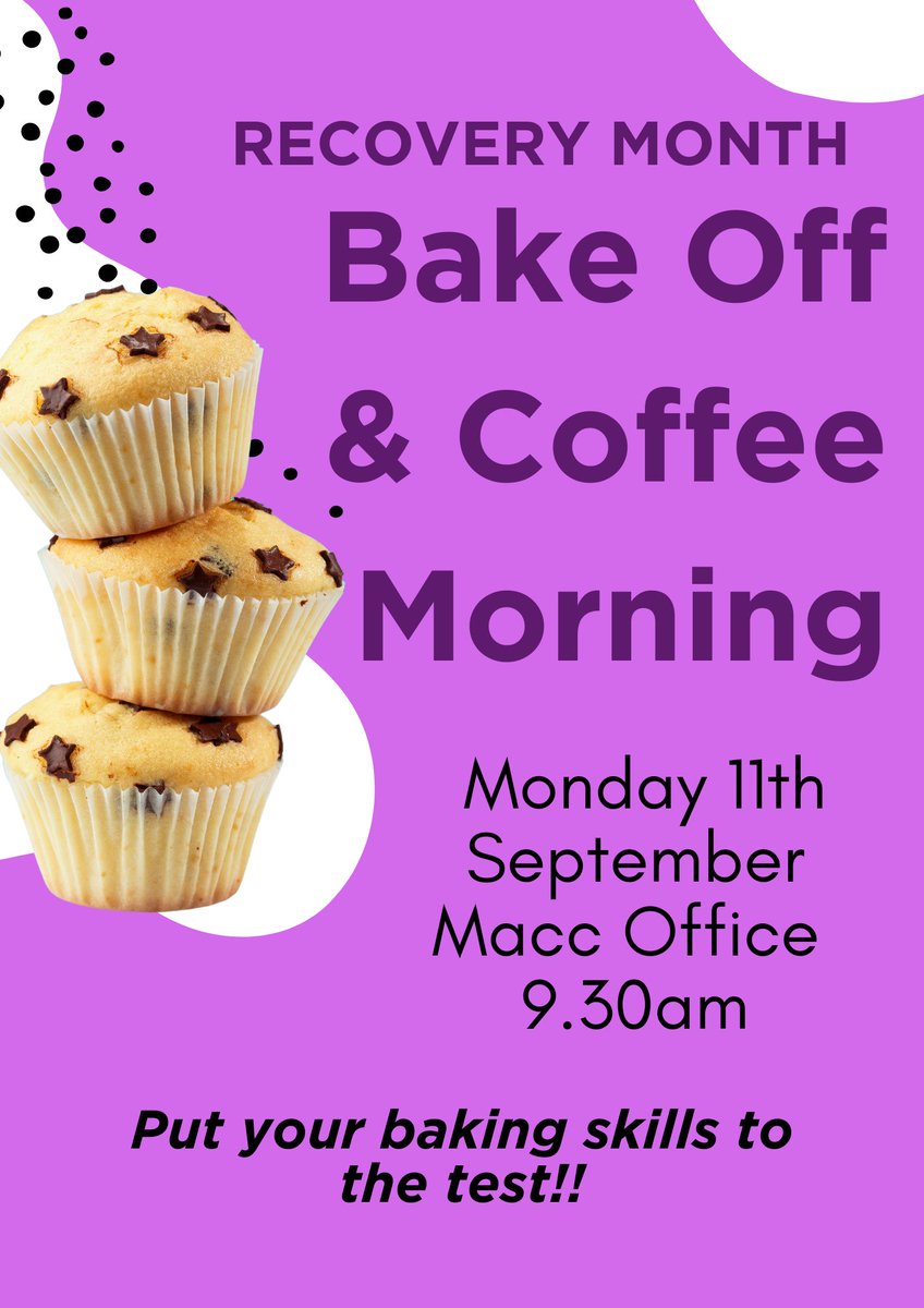 Calling all bakers! 
To celebrate Recovery Month we will be holding a bake off in the Macclesfield office on Monday 11th Sept. 
All welcome no matter your baking ability! 🍪👩‍🍳
#RecoveryMonth