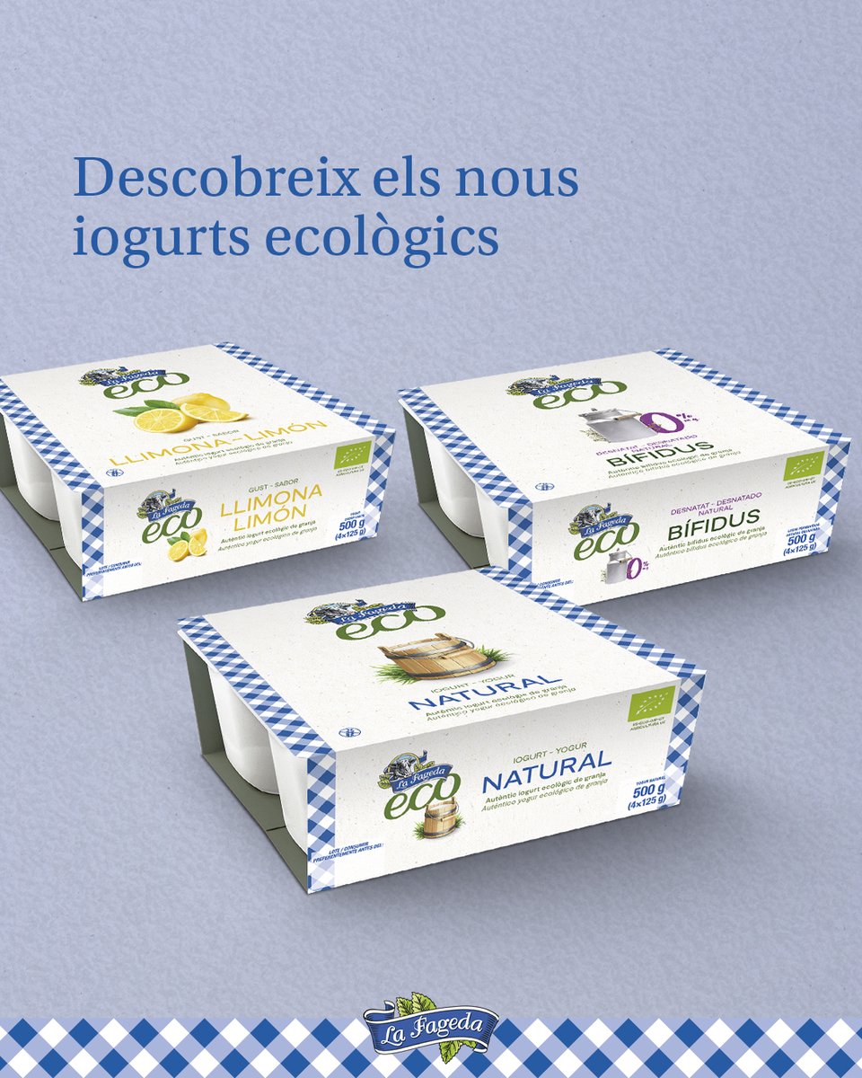 fageda's tweet photo. L’autèntic iogurt de granja, ara també ecològic!🥛

🍋🌿Natural, amb gust de llimona i desnatat natural bífidus, tots tres elaborats amb llet ecològica de proximitat.

Els podeu trobar en botigues especialitzades en productes ecològics, a través del distribuïdor @NATURSOY. https://t.co/MYfLFuBpFW