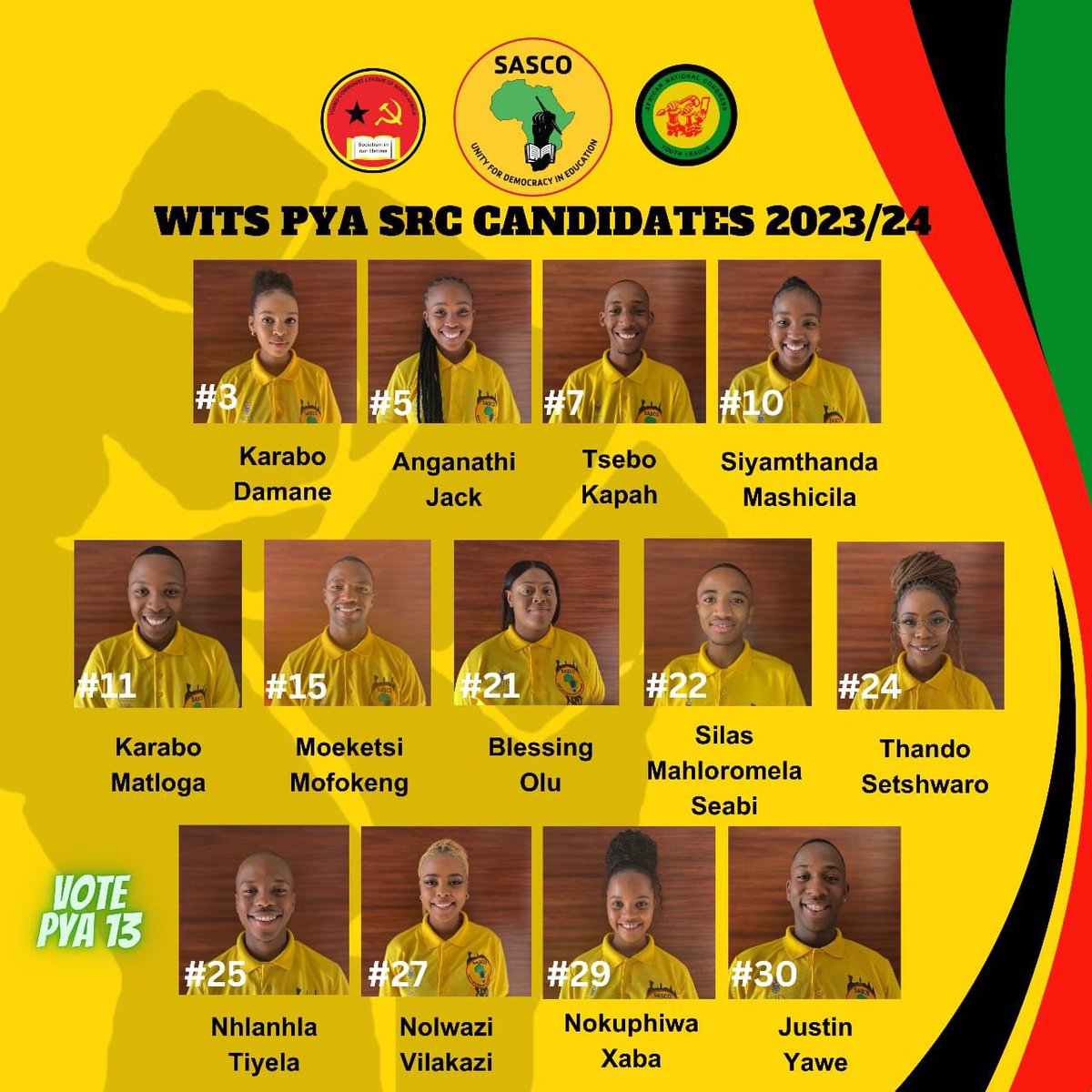 tm_kapah's tweet photo. As we enter the 23/24 election season, the Wits PYA presents its top 13💛💚🖤❤️#PYAistheonlySolulu

@wits_ancyl 
@WitsSascoEduc 
@WitsYCL https://t.co/RCtApXJbYK