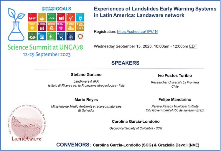 LandAware's tweet photo. 📢LandAware members will join the 
Virtual Session "Experiences of LEWSs in #LatinAmerica" at the Science Summit at @UN  General Assembly #UNGA78
Wed, September 13, 2023 
10:00am – 12:00pm EDT (4:00pm-6pm CEST)

Registration needed: https://t.co/nK8wEGk18Q https://t.co/t35D15MSYO