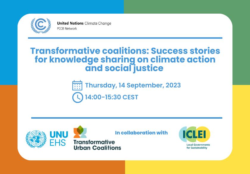 UNUEHS's tweet photo. Interested in learning some success stories for knowledge-sharing on urban #ClimateAction & social justice?
@UNUEHS, in collaboration with @ICLEI & @CityClimFin, is organizing this interesting event!
🗓️: 14 Sep
⏰: 14:00 CEST
Register: https://t.co/7FFkd94pJf
#PCCBNetwork https://t.co/WNl6daqqG6