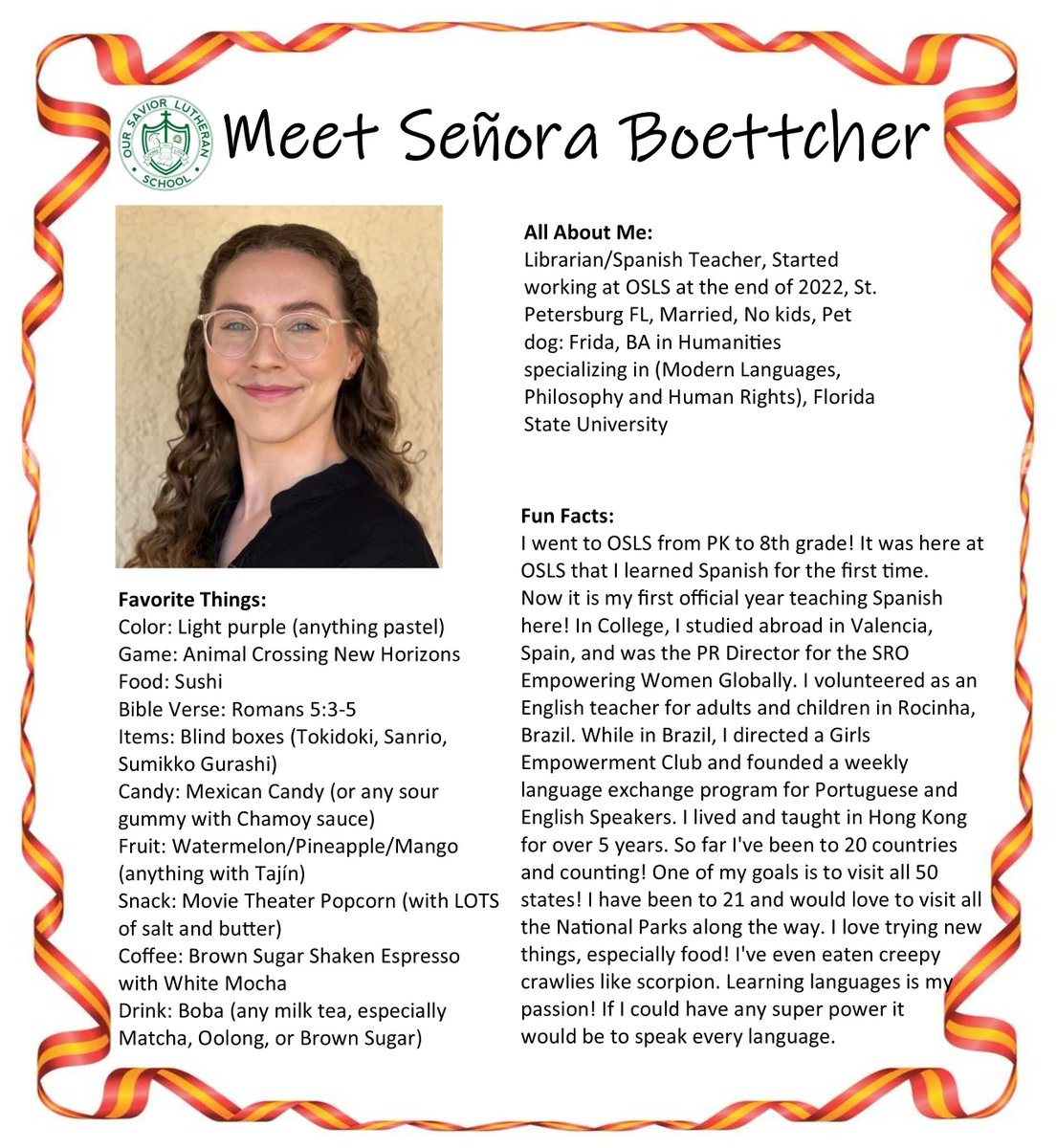 OurSaviorFLsch's tweet image. Today&apos;s Faculty Friday is Senora Boettcher! #osls #livelove #golivelove #spanishteacher